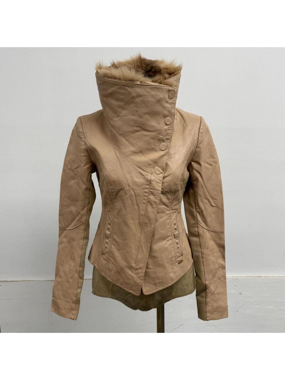 Vintage Tan Funnel Fox Fur Neck Avant Garde Leather Jacket